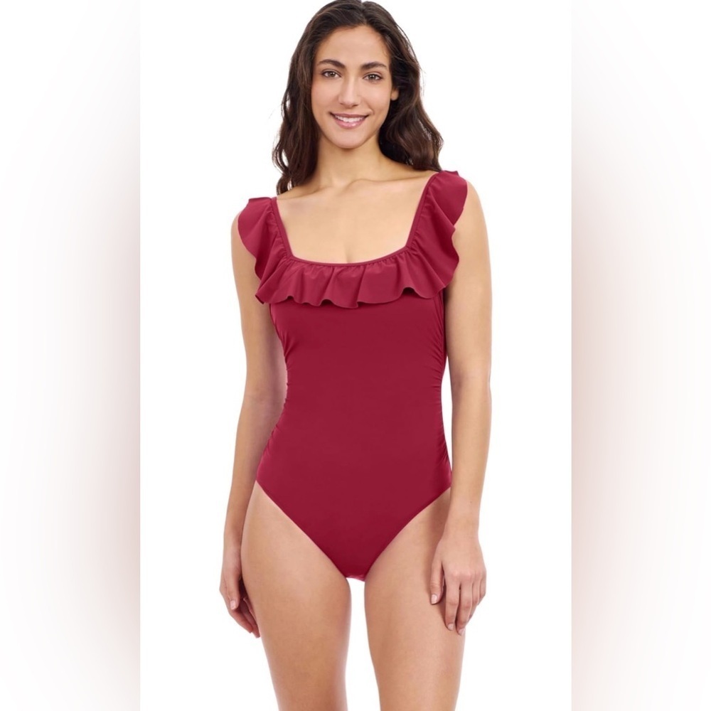 Gottex Tutti Frutti One Piece Swimsuit Brick Red Size 6 NWT Elegant Ruffled